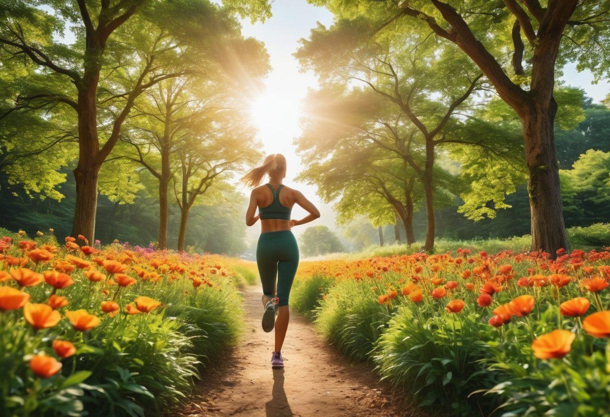 A dynamic scene showcasing an outdoor summer fitness environment with people engaged in various activities like jogging, yoga, and weightlifting, radiating positivity and energy. Include bright sunshine, green lush trees, and vibrant flowers to symbolize growth and self-improvement. Add motivational quotes artistically integrated into the background, capturing the essence of boosting confidence. super-realistic. vibrant colors. summer theme.