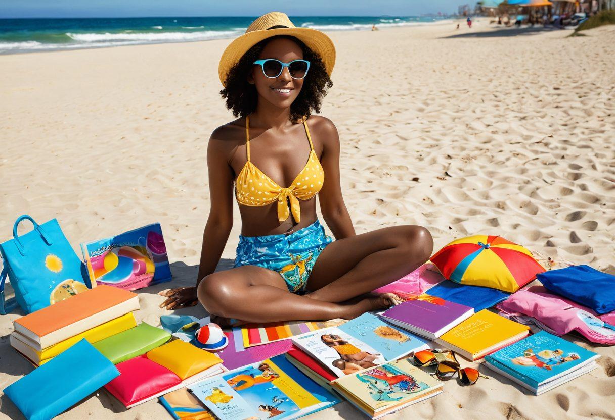 A vibrant beach scene with a stylishly dressed figure showcasing summer wardrobe essentials, surrounded by colorful beachwear and interactive learning resources like educational books and games. Soft sunlight shines on the sandy beach, creating a warm and inviting atmosphere, highlighting the transition from relaxation to learning. The image should evoke a sense of summer fun and exploration. vibrant colors. super-realistic. sunny background.
